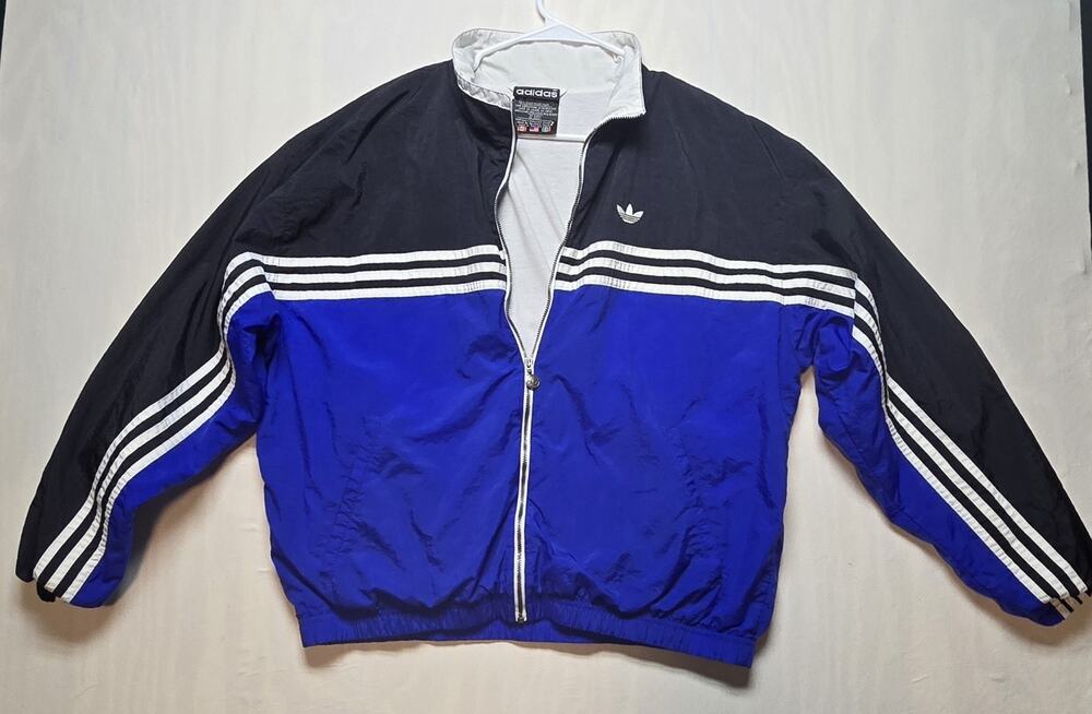 Vintage 90s Adidas Zip-up Windbreaker Black Blue And White Horizontal Stripe